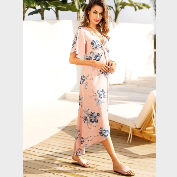 Boho Floral Long Dress Twist Front Pink - Picture 4 of 6